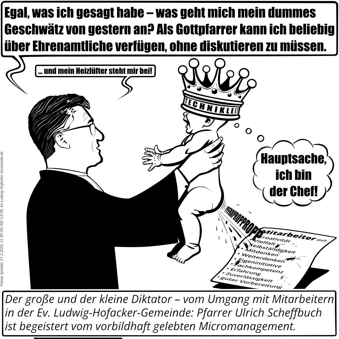 Pfarrer Ulrich Scheffbuch hält den als Kleinkind symbolisch dargestellten Technikleiter in seinen ausgetreckten Händen, während dieses Kleinkind auf die Beschreibung eines kompetenten Mitarbeiters scheißt und der Pfarrer sich daran freut. Das symbolisiert den Charakter des Technikleiters und den schäbigen Umgang mit ehrenamtlichen Mitarbeitern in der Evangelischen Ludwig-Hofacker-Gemeinde Stuttgart.