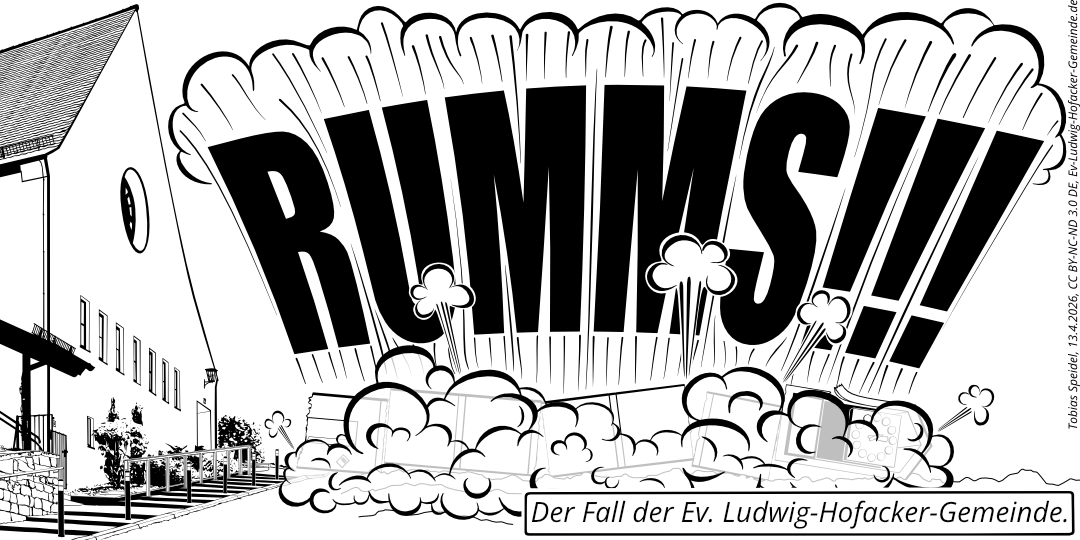 Die Westseite der Ev. Ludwig-Hofacker-Kirche mit ihrem auf dem Boden aufprallenden Kirchturm symbolisiert den schleichenden Untergang der Ev. Ludwig-Hofacker-Gemeinde Stuttgart.